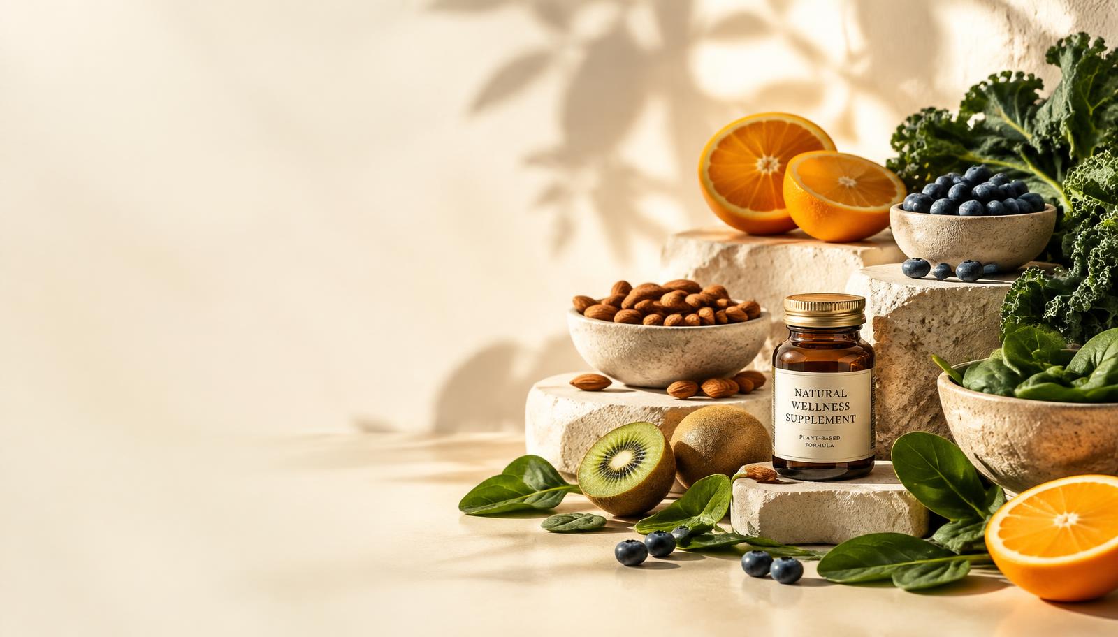 Fruit, greens, nuts and a supplement jar on stone
